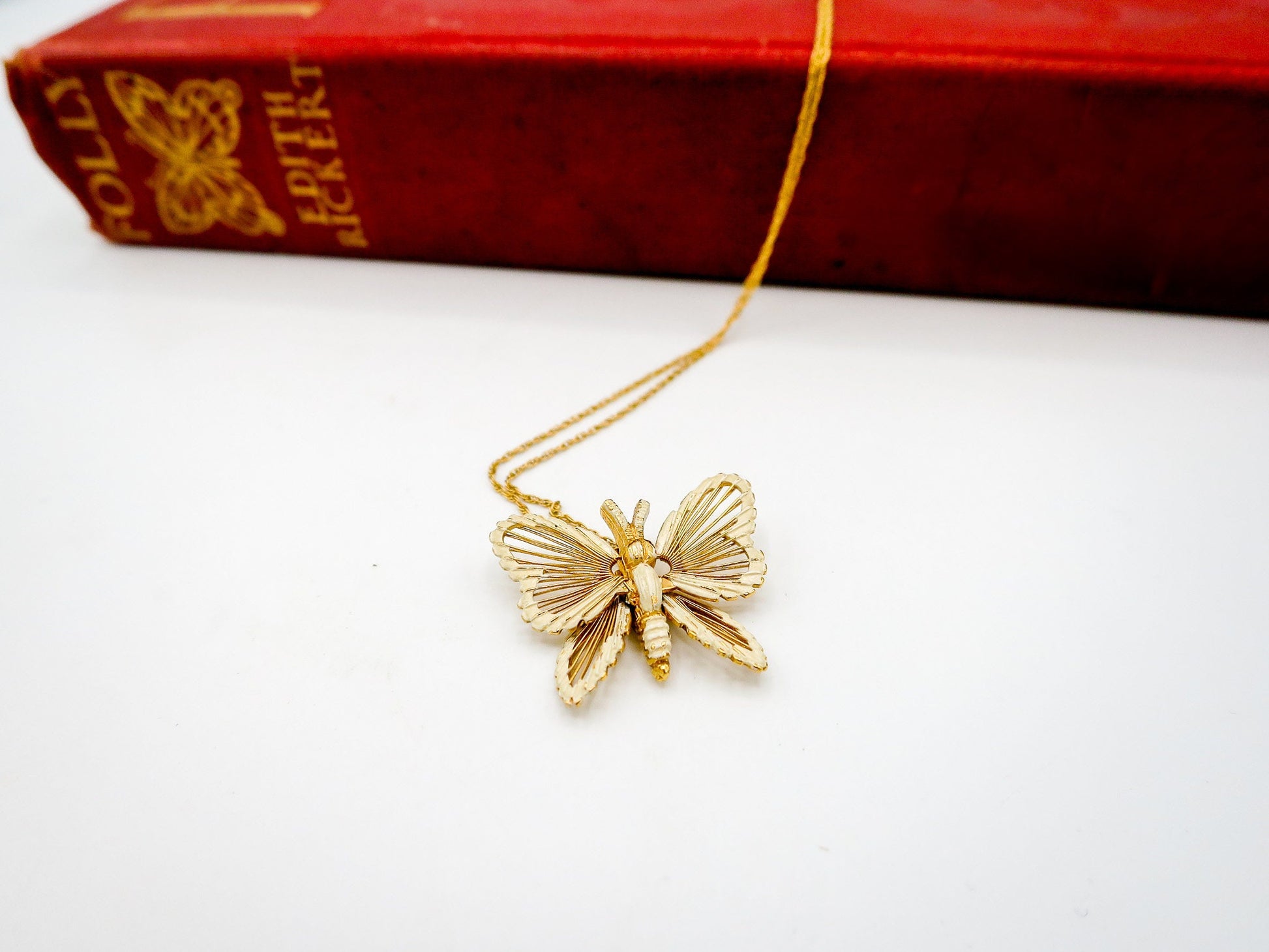 Vintage MONET Metal Painted Butterfly on a 14k Gold Italy Chain, Dainty Cottagecore