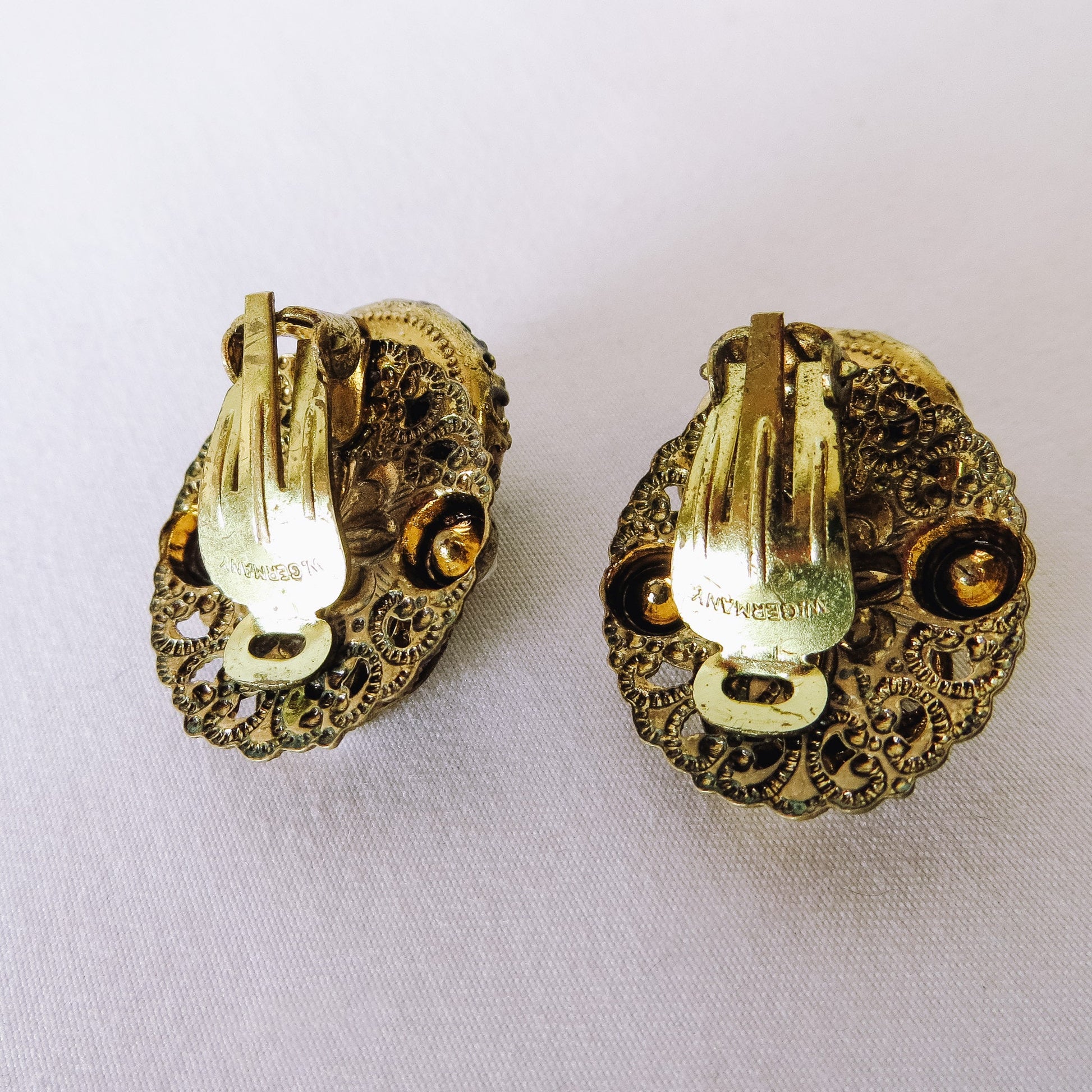 Vintage West Germany Marked Filigree with Glass Beads Clip-on Earrings, Vintage Costume Jewelry