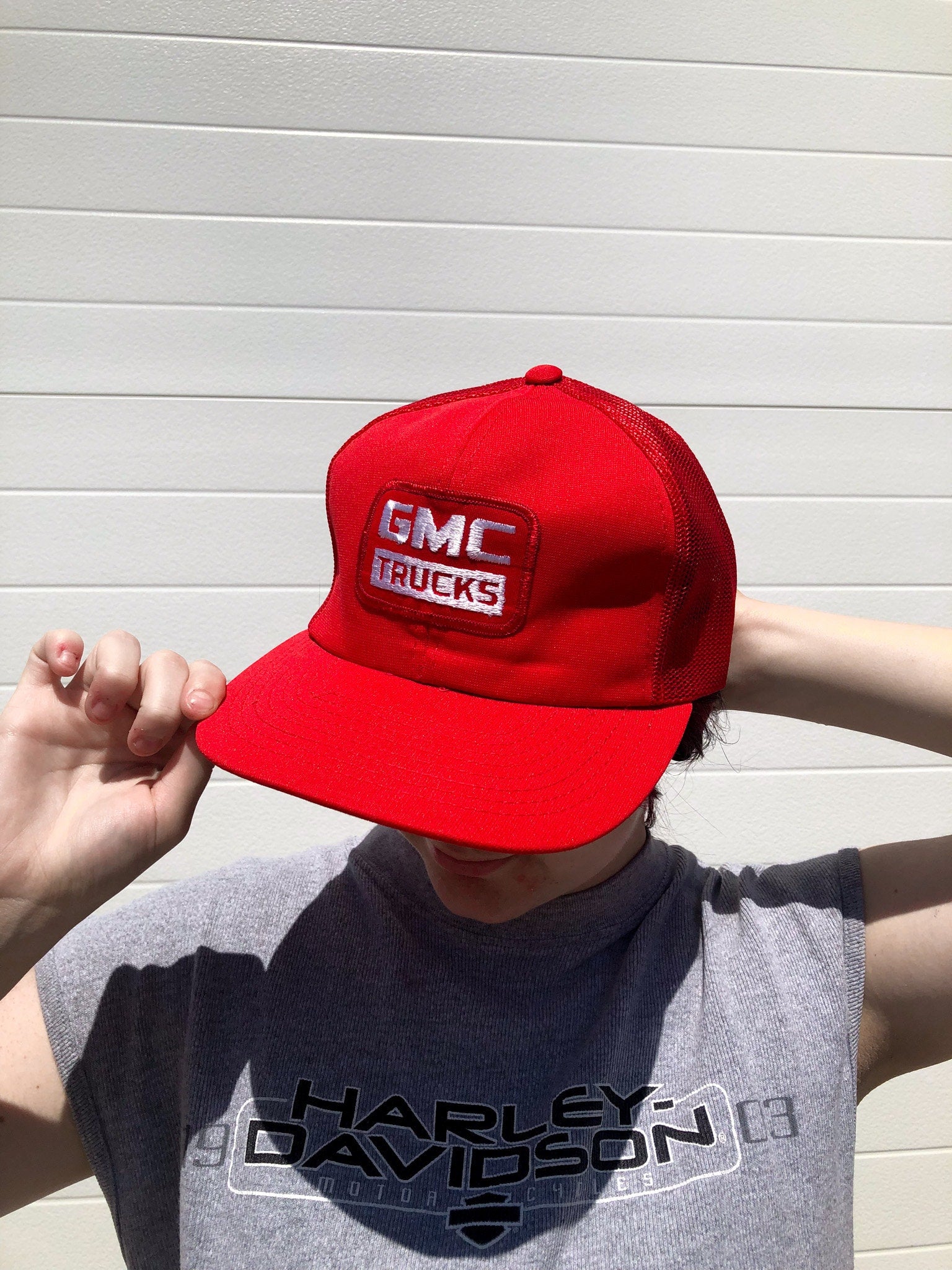 Vintage Red GMC Trucks Mesh Trucker Hat, Flat Brim Baseball Cap