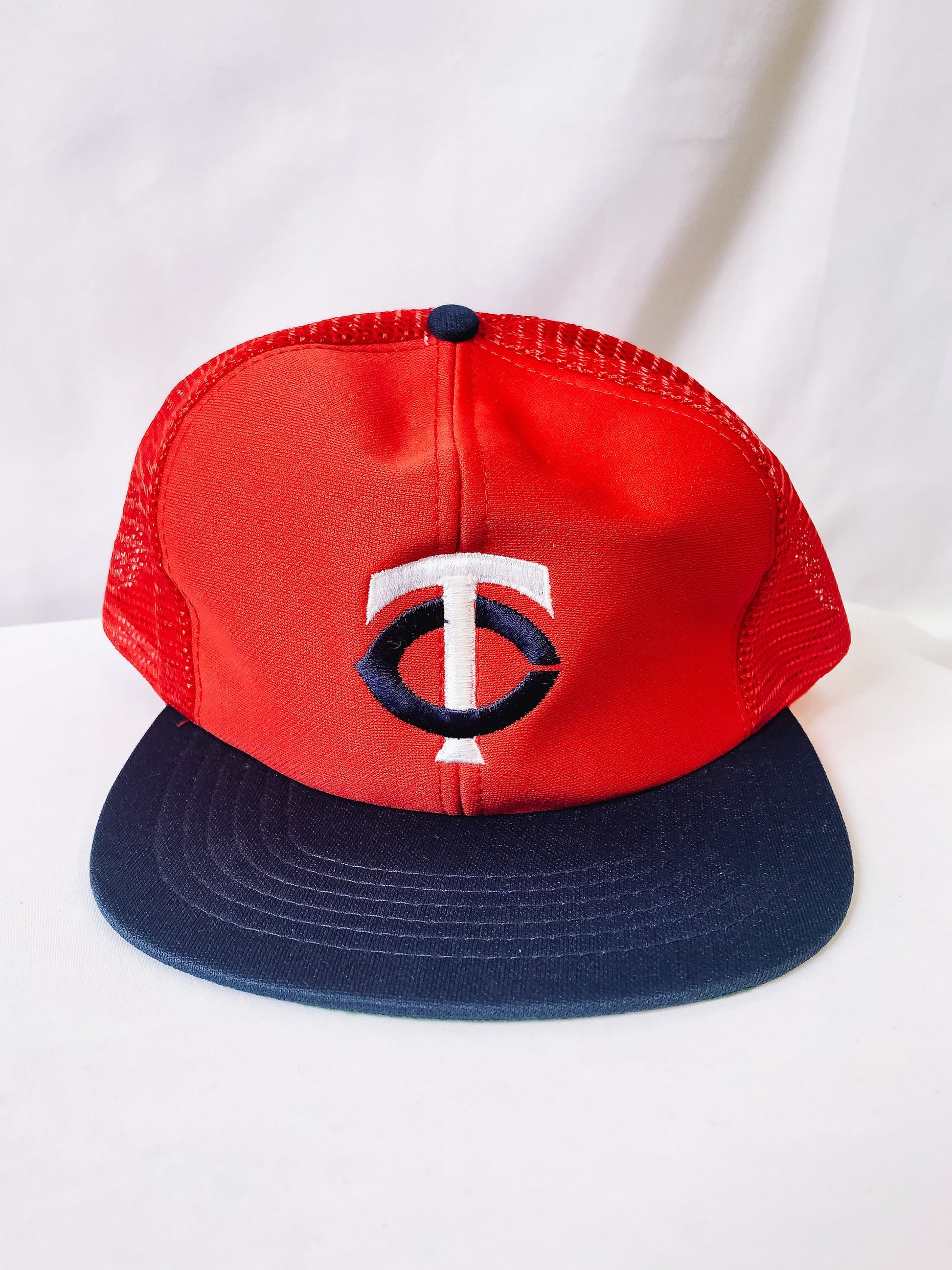 Vintage Red and Navy Minnesota Twins Embroidered Mesh Trucker Hat, Flat Brim Baseball Cap