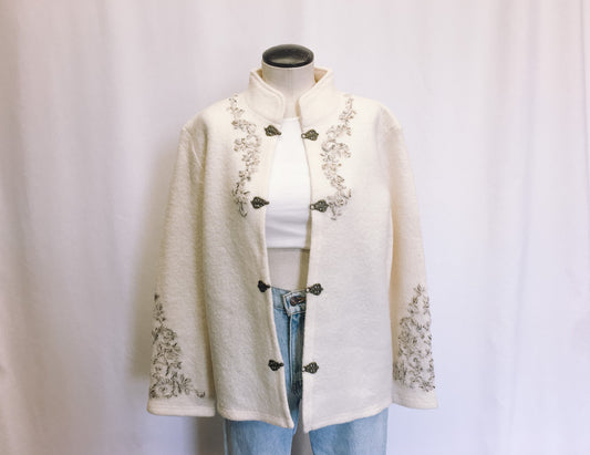 Vintage Coldwater Creek White Embroidered Wool Cardigan Jacket
