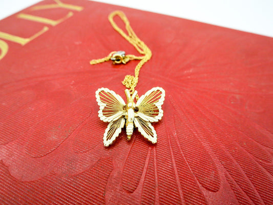 Vintage MONET Metal Painted Butterfly on a 14k Gold Italy Chain, Dainty Cottagecore