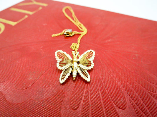 Vintage MONET Metal Painted Butterfly on a 14k Gold Italy Chain, Dainty Cottagecore