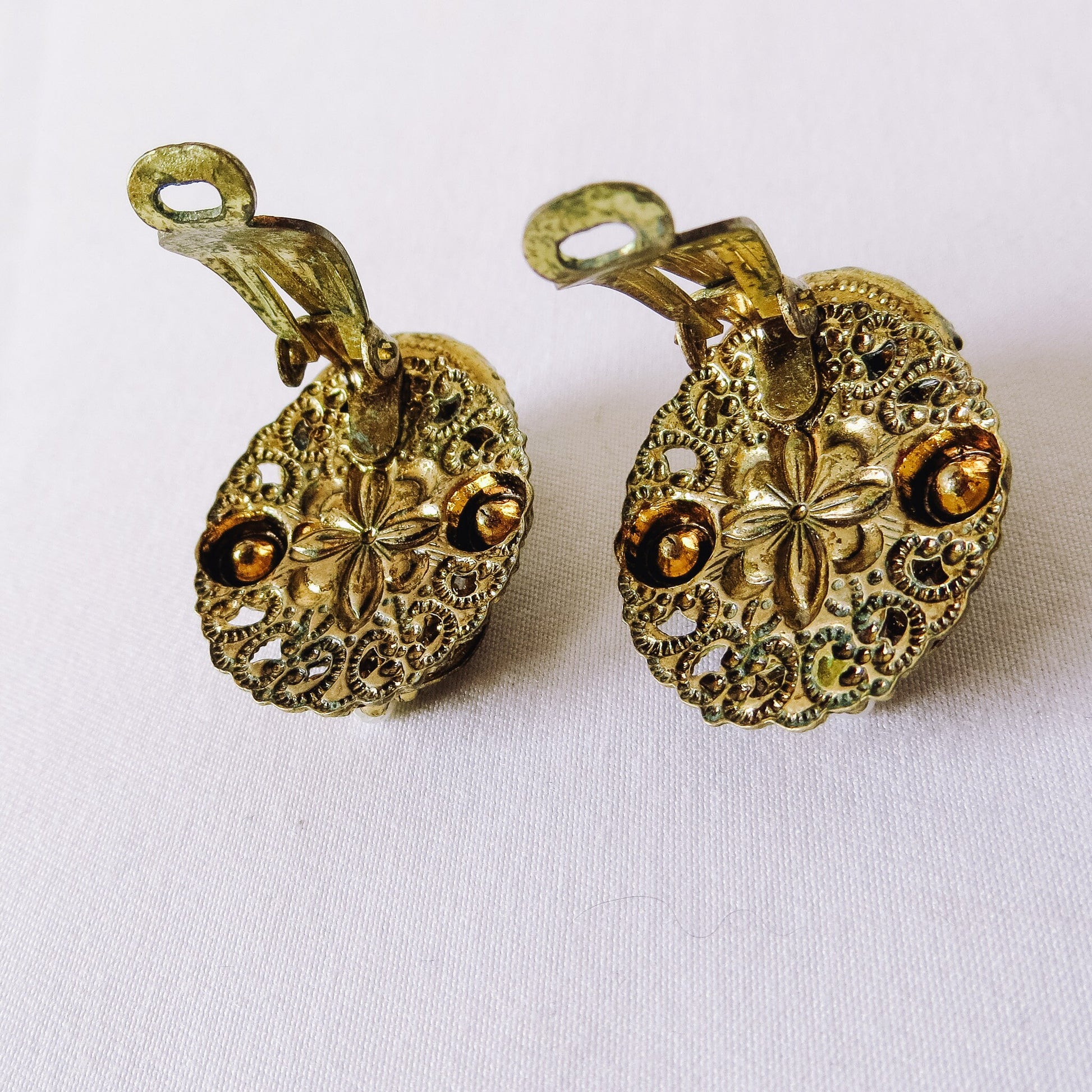 Vintage West Germany Marked Filigree with Glass Beads Clip-on Earrings, Vintage Costume Jewelry