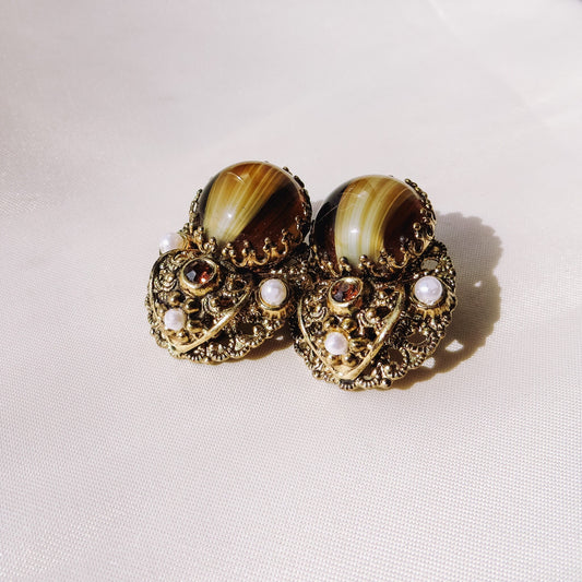 Vintage West Germany Marked Filigree with Glass Beads Clip-on Earrings, Vintage Costume Jewelry