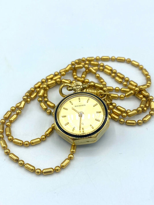 Vintage BUCHERER Watch Pendant with Floral Design on Back, Vintage Watch Necklace, Vintage Gold Tone