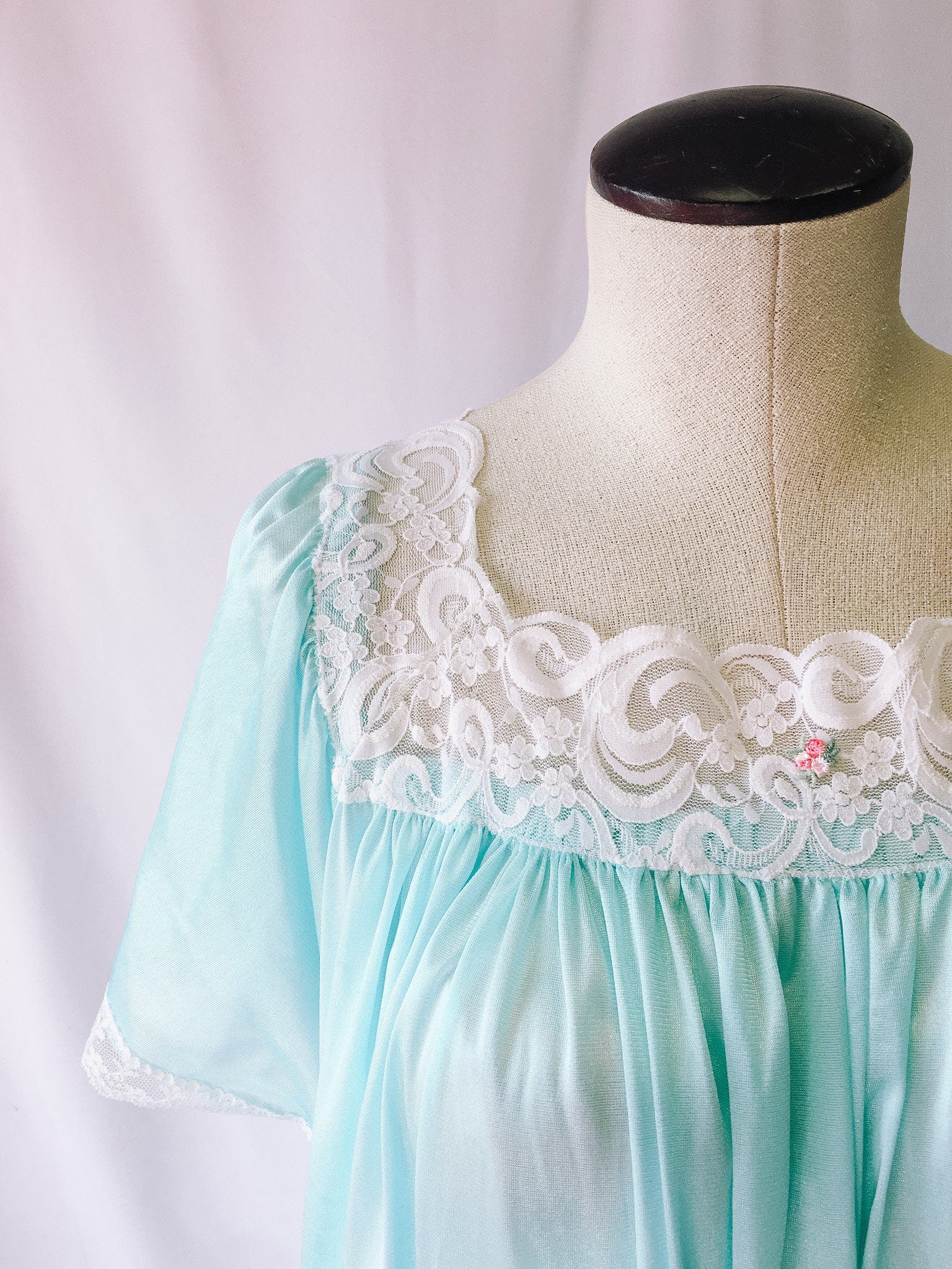 Vintage Blue Peignoir Short-sleeved Nightgown with Matching Long-sleeved Cover Up