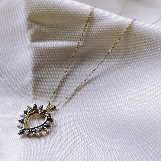 Vintage CJG Stamped 14k Gold Heart Pendant with Diamond Chip and Blue Spinel on 10k GTR Gold Chain