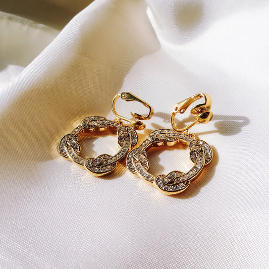 Vintage COACH Square Knot Clip-On Earrings with Rhinestones, Simple Rhinestone Clip-On Earrings