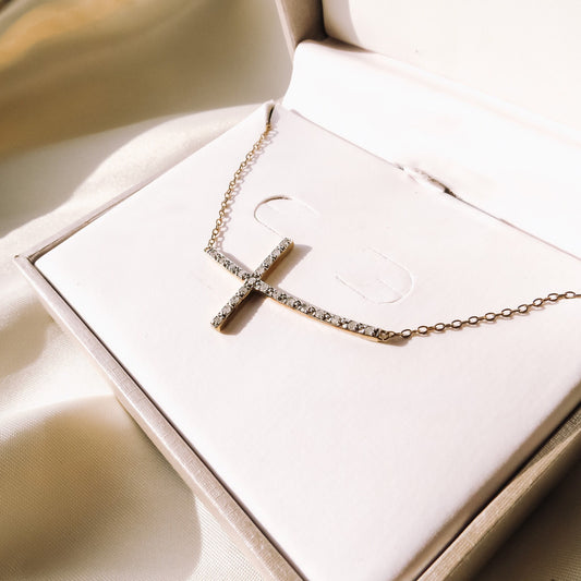 Gold Over Silver 1/4CTTW Diamond Cross Necklace, Horizontal Cross Necklace