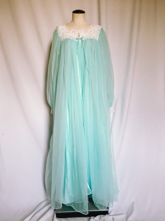 Vintage Blue Peignoir Short-sleeved Nightgown with Matching Long-sleeved Cover Up