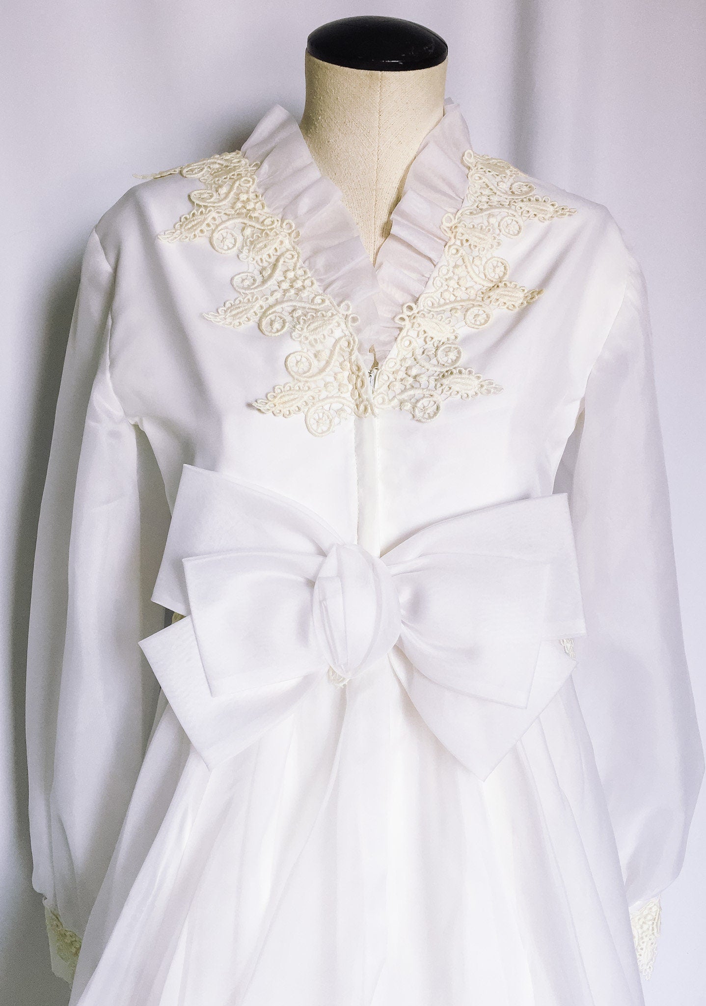 Vintage Long-sleeved Collared Wedding Dress with Cream Lace Detailing