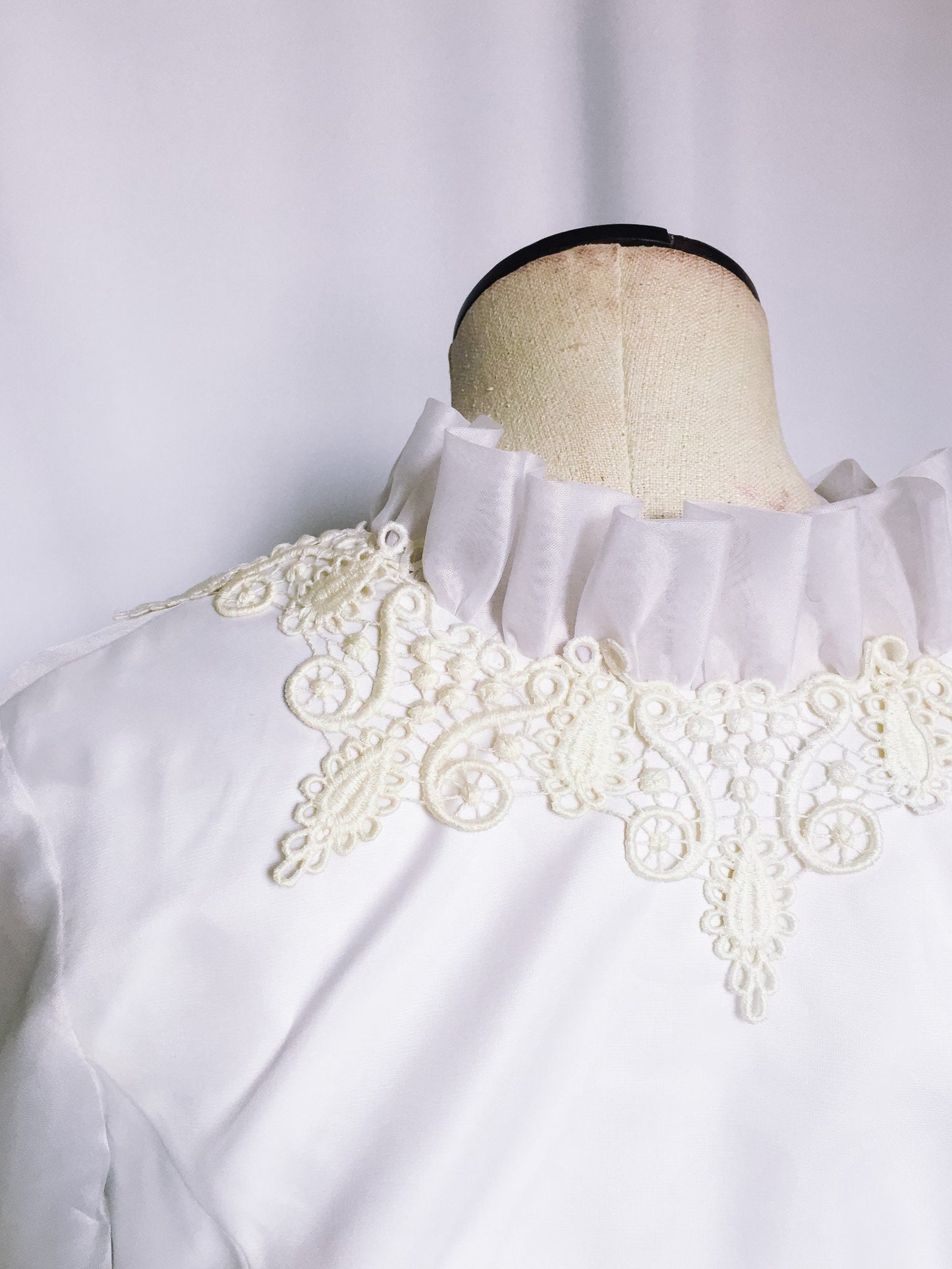 Vintage Long-sleeved Collared Wedding Dress with Cream Lace Detailing