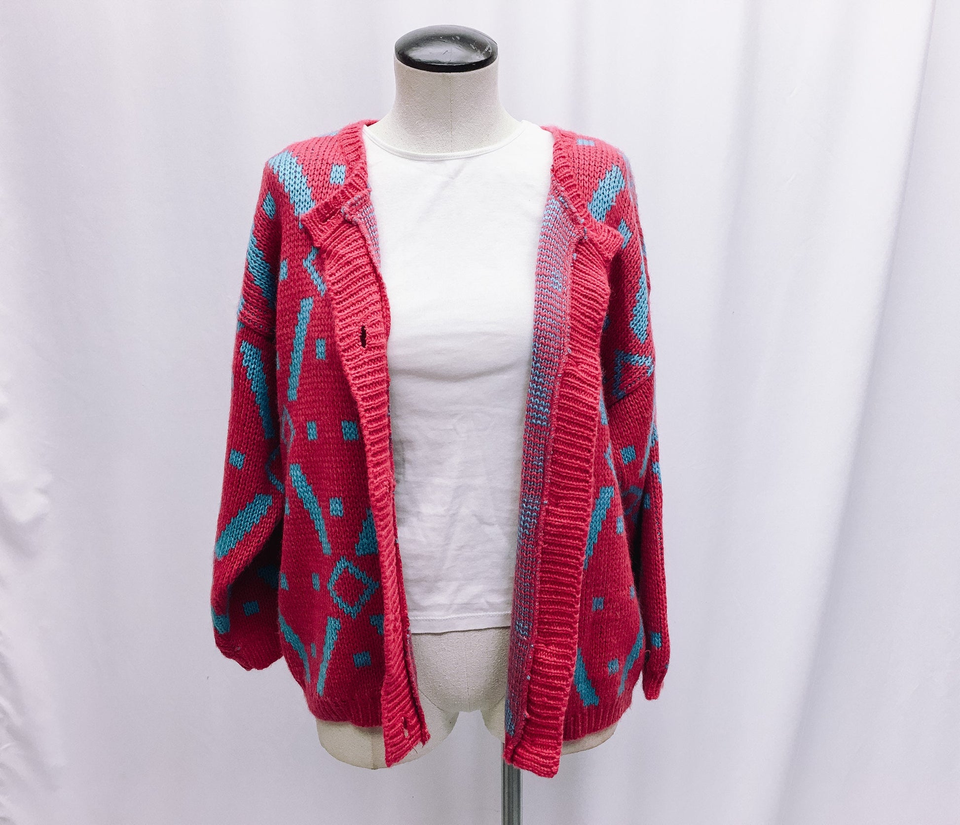 Vintage 80s Robin Ross Pink Geometric Patterned Cardigan, Sz. L, 80s Barbie