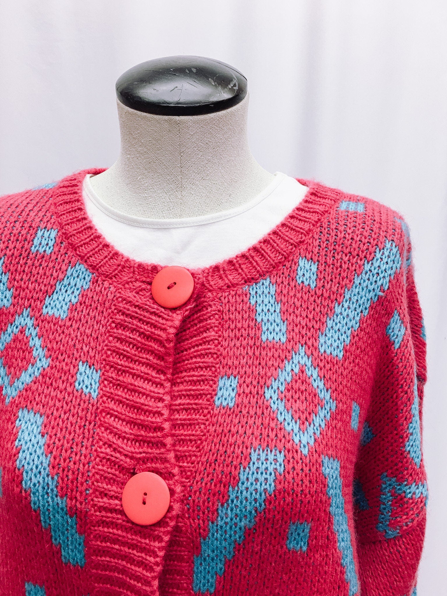 Vintage 80s Robin Ross Pink Geometric Patterned Cardigan, Sz. L, 80s Barbie