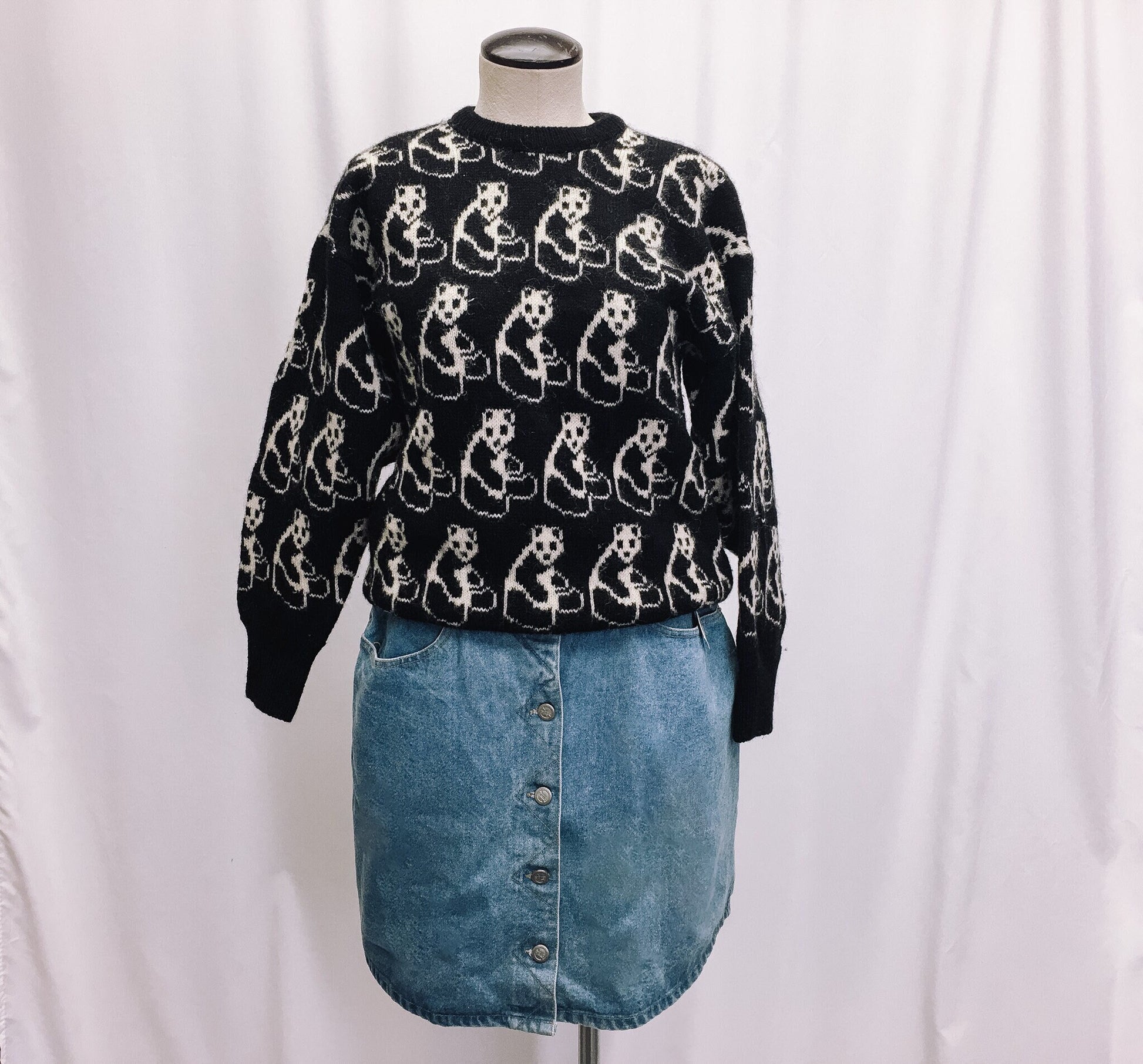 Vintage Pure Wool Panda Print Sweater, Pure Wool Crewneck, Sz. M