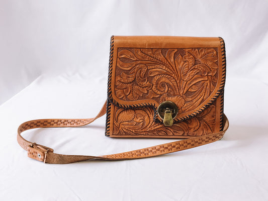 Vintage Hand-Crafted Tooled Leather Shoulder Bag with Engraved Floral Details, Leather Tooled Crossbody Purse