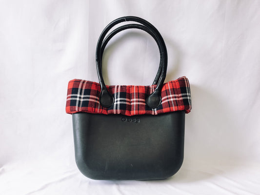 Vintage O-Bag Red Tartan Cloth and Black Leather Tote Bag, Plaid Fabric Black Leather Purse, Made in Italy