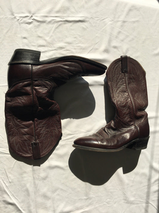 Vintage Dan Post Burgundy/Dark Red Leather Cowboy Boots, Women's Sz. 10.5
