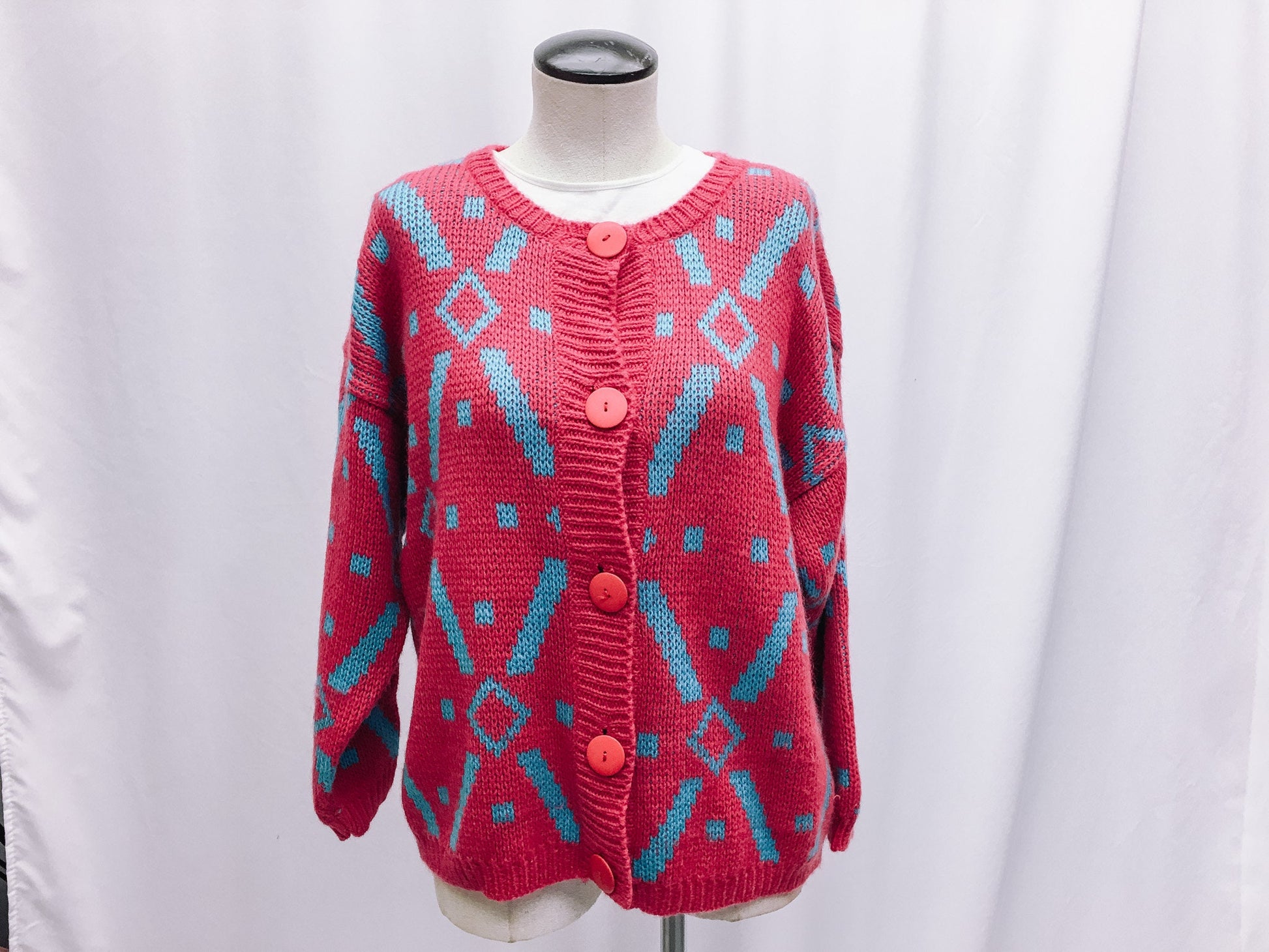 Vintage 80s Robin Ross Pink Geometric Patterned Cardigan, Sz. L, 80s Barbie