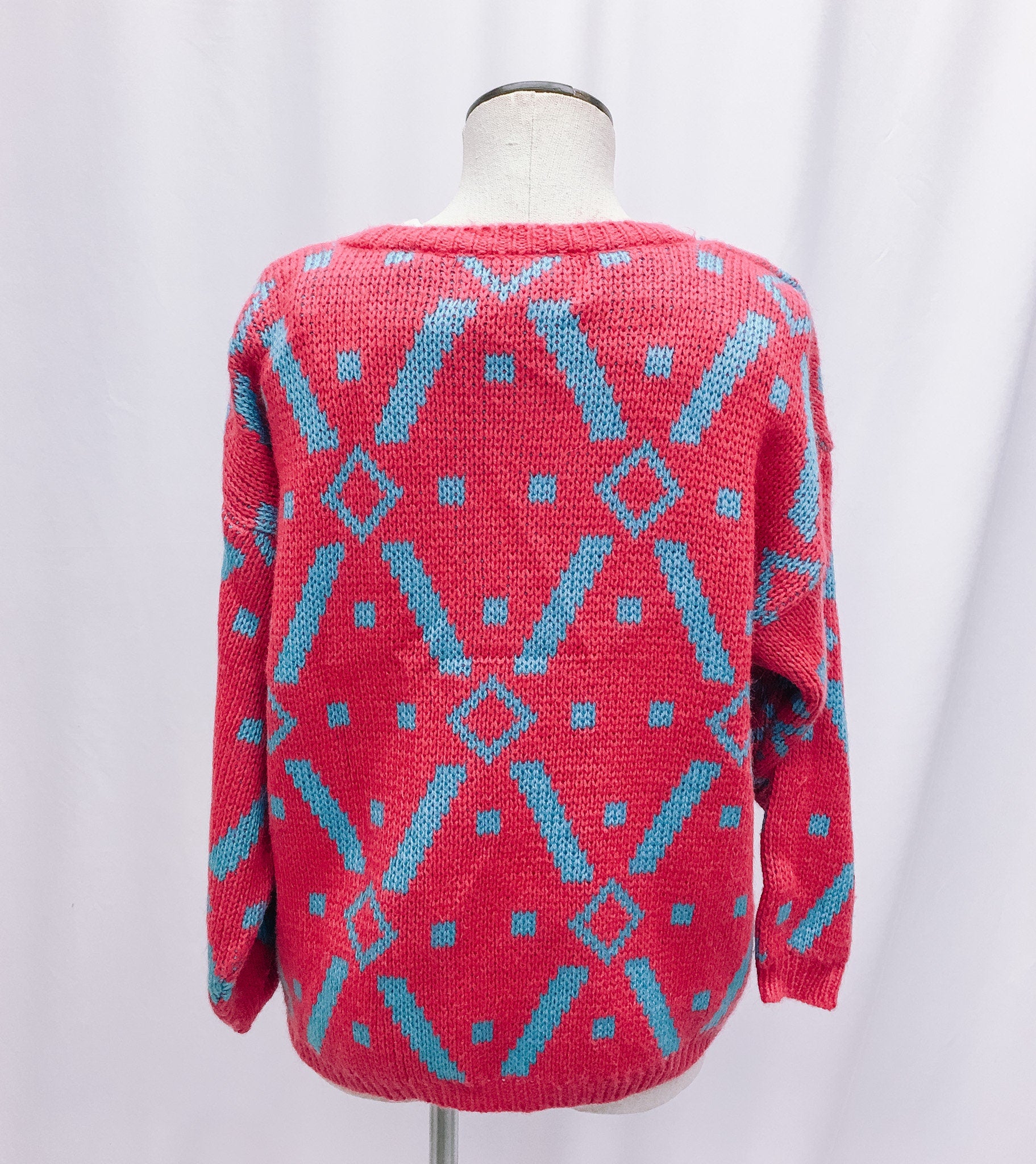 Vintage 80s Robin Ross Pink Geometric Patterned Cardigan, Sz. L, 80s Barbie