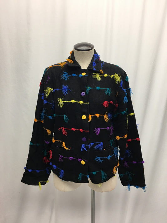 Vintage 80s Kindred Spirits Black Jacket with Multicolor Embroidered Fringe, Sz. L