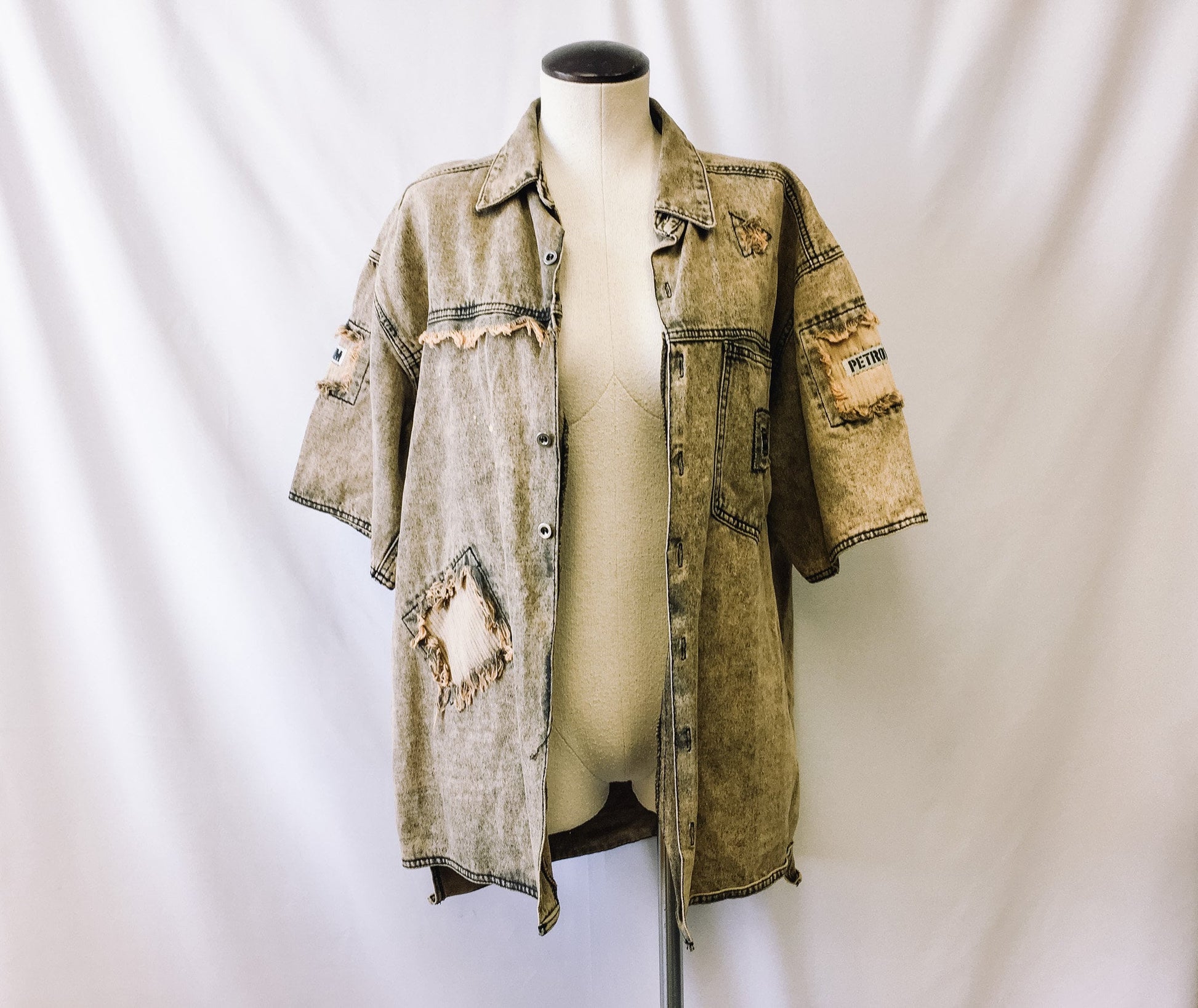 Vintage 90s Petroleum Distressed Patchwork Button-Up, Men's Sz. L