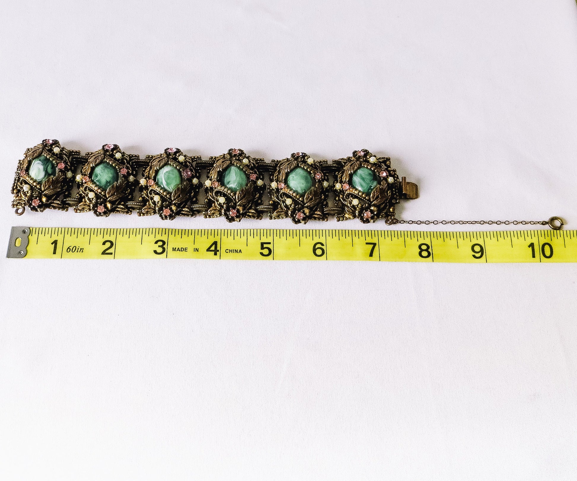 Vintage Victorian Gothic Bracelet, Green Stones with Pink Rhinestones and Faux Pearls, Unique Victorian Bracelet