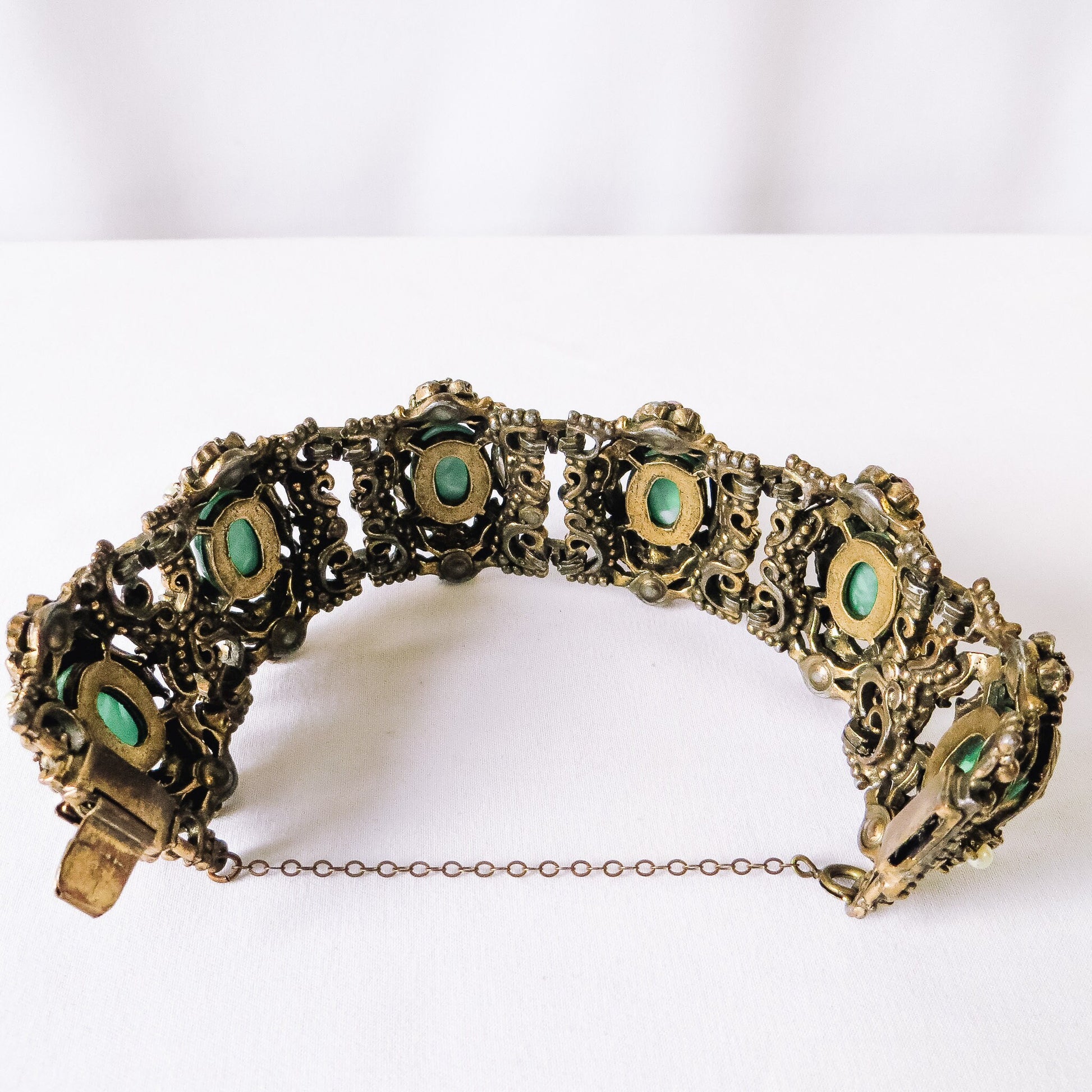 Vintage Victorian Gothic Bracelet, Green Stones with Pink Rhinestones and Faux Pearls, Unique Victorian Bracelet