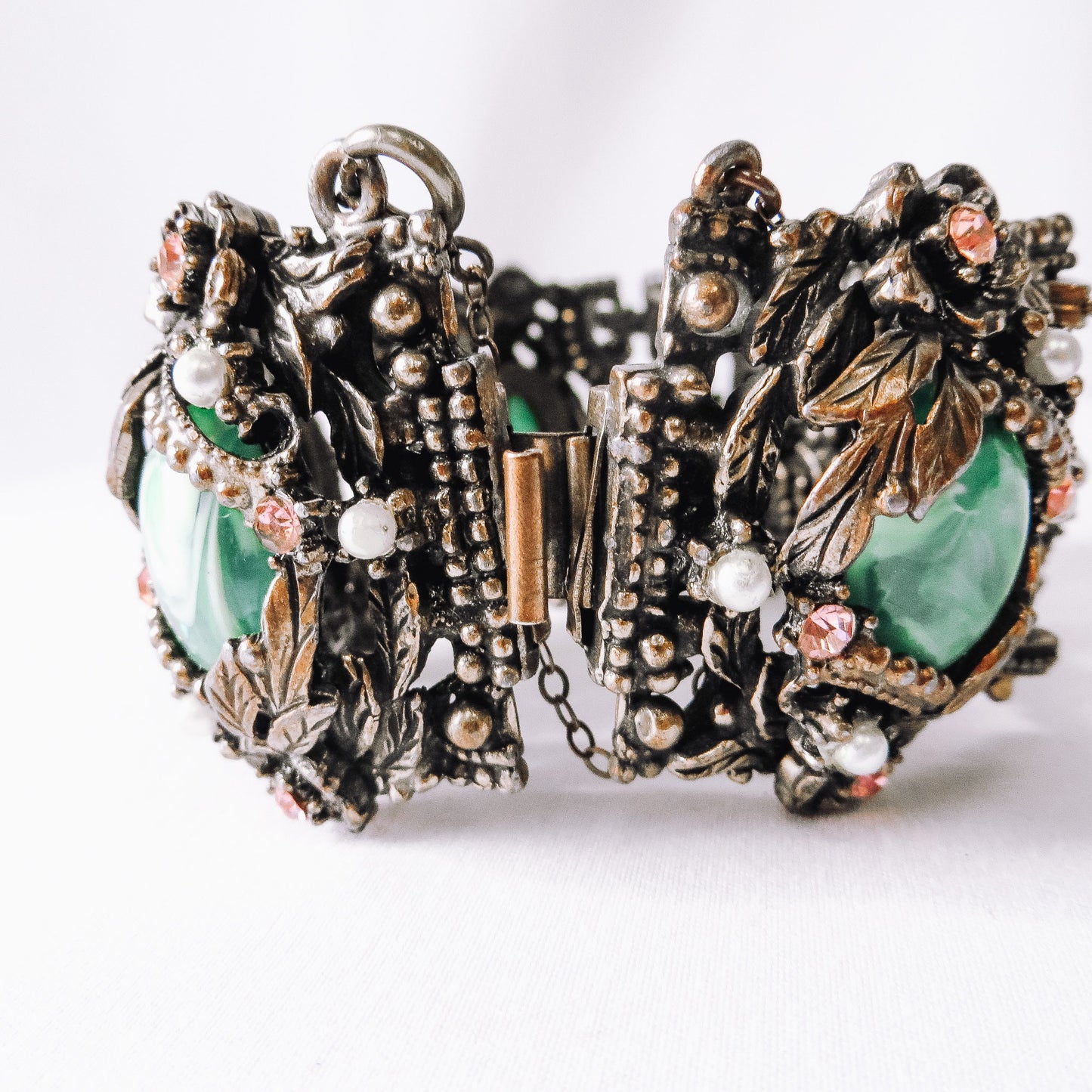 Vintage Victorian Gothic Bracelet, Green Stones with Pink Rhinestones and Faux Pearls, Unique Victorian Bracelet