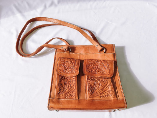 Vintage Handcrafted Hand-Tooled Leather Crossbody Bag with Front Pockets & Floral Engraving