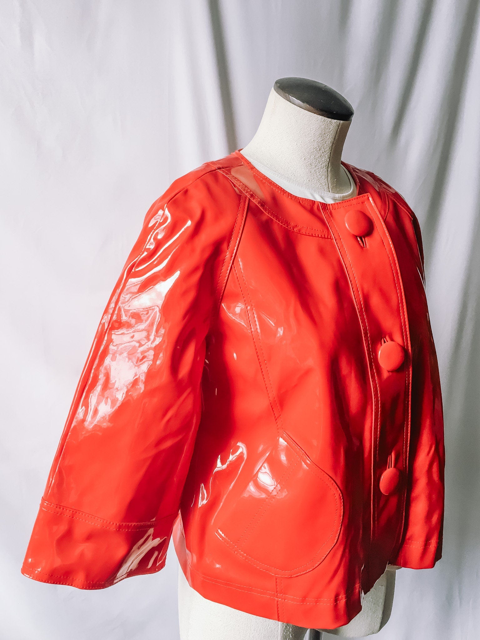 Vintage Newport News Red PVC Cropped Jacket, Vintage 90s Mod Rain Jacket