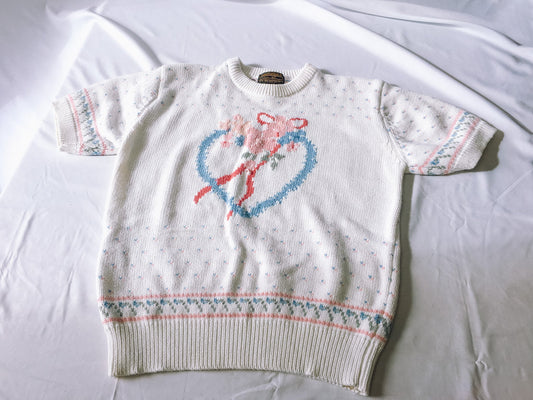 Vintage 80s Eddie Bauer Short Sleeve Heart Sweater, Women's Sz. S