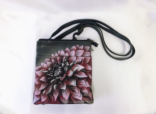 Vintage Anuschka Leather Gray 3-Compartment Bag with Pink Flower Detail, Leather Square Zip-Up Purse