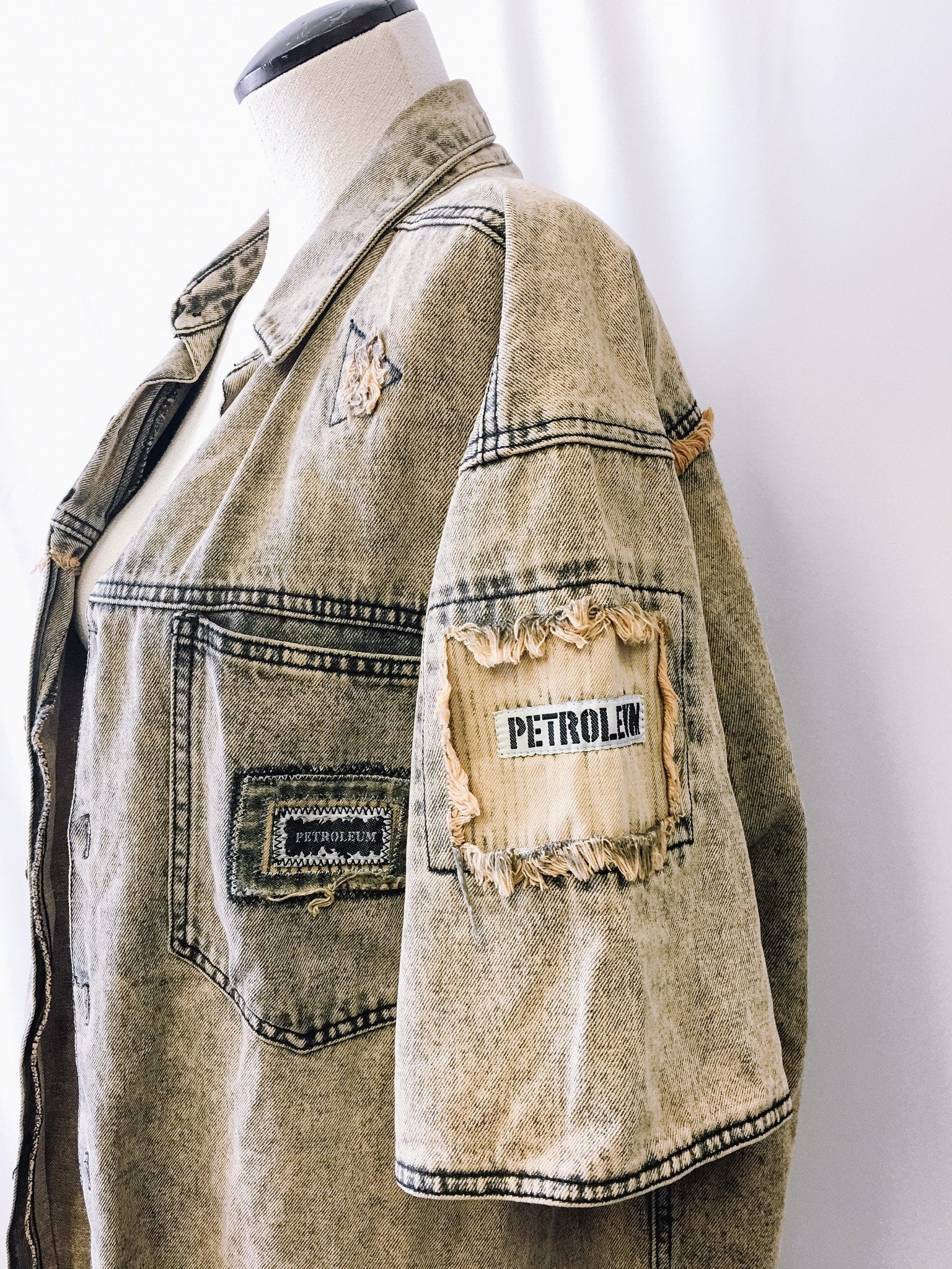 Vintage 90s Petroleum Distressed Patchwork Button-Up, Men's Sz. L