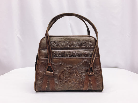 Vintage Handcrafted Tooled Leather Top Handle Bag with Floral Engraving, Handmade Leather Purse