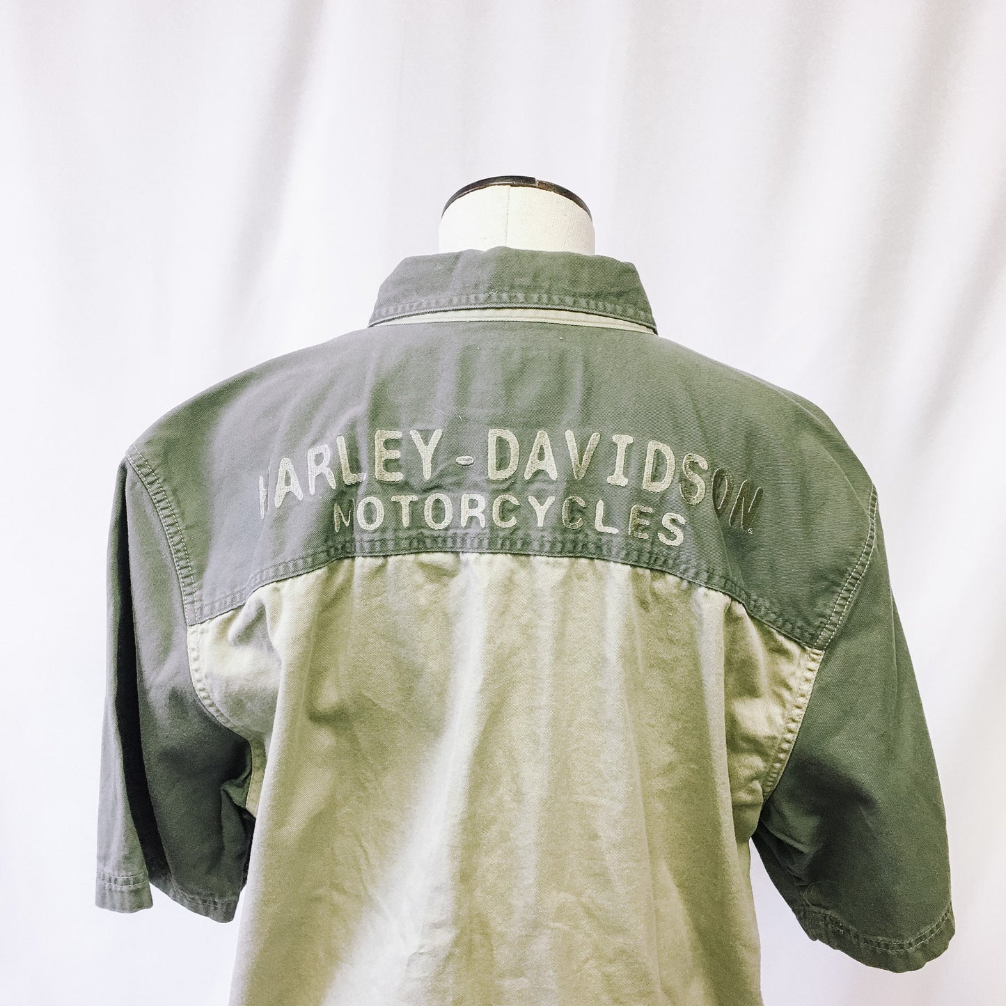 Vintage Harley Davidson Green Button-Up, Men's Sz. L Tall