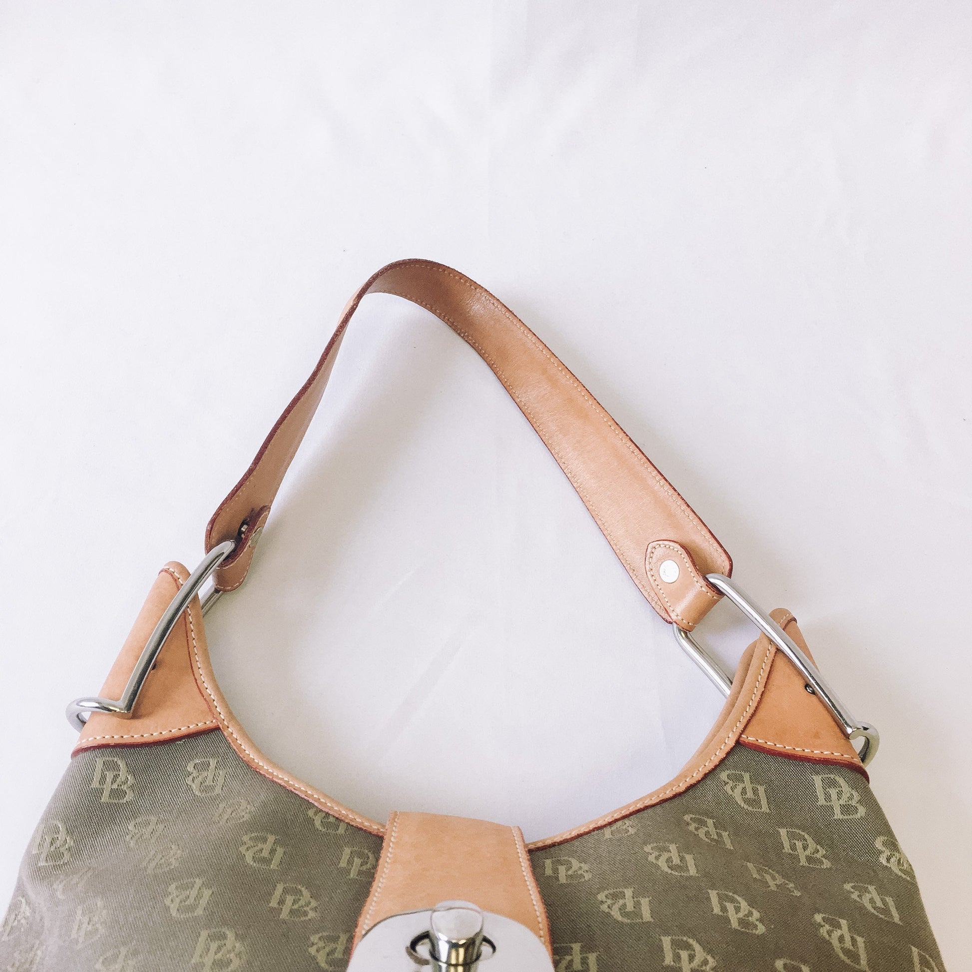 Vintage Dooney & Bourke Taupe and Tan Leather Logo Shoulder Bag