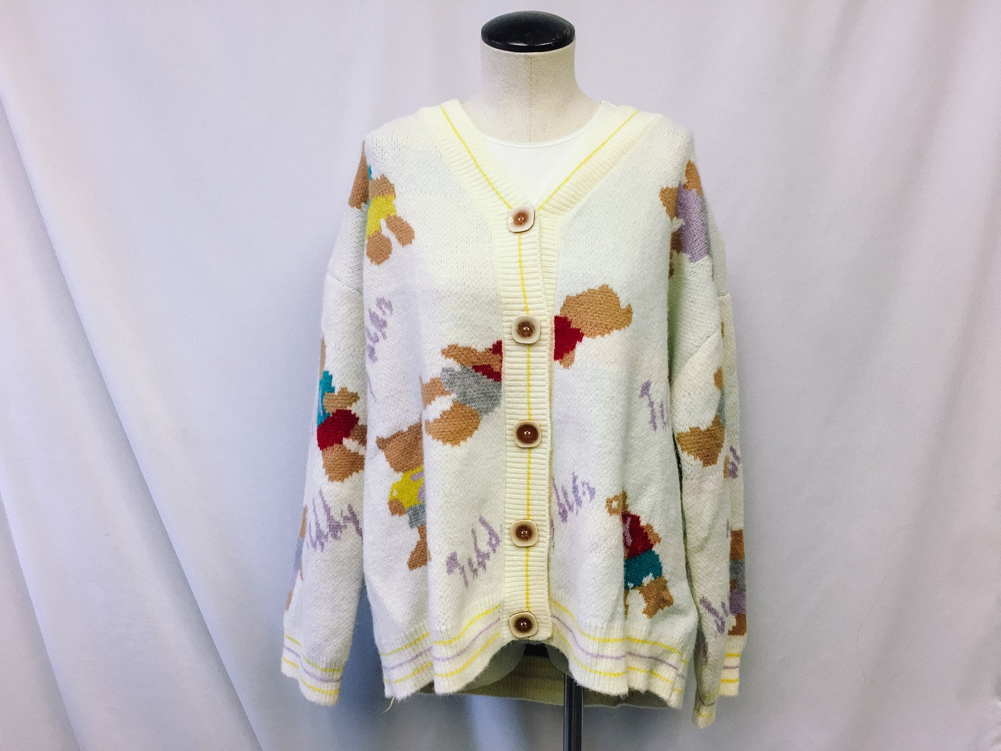 Vintage "Teddy Bears" Off-White V-Neck Cardigan, O/S, Vintage Teddy Bear Sweater