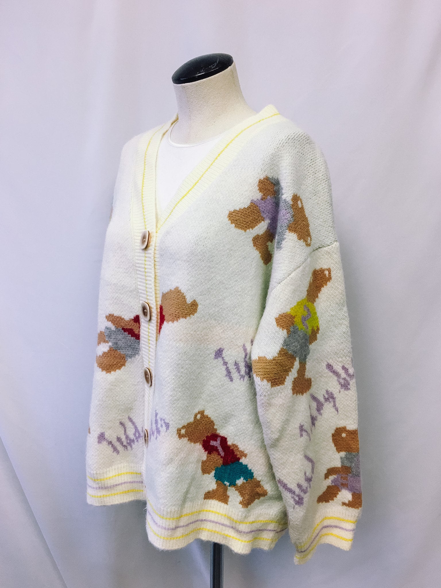 Vintage "Teddy Bears" Off-White V-Neck Cardigan, O/S, Vintage Teddy Bear Sweater