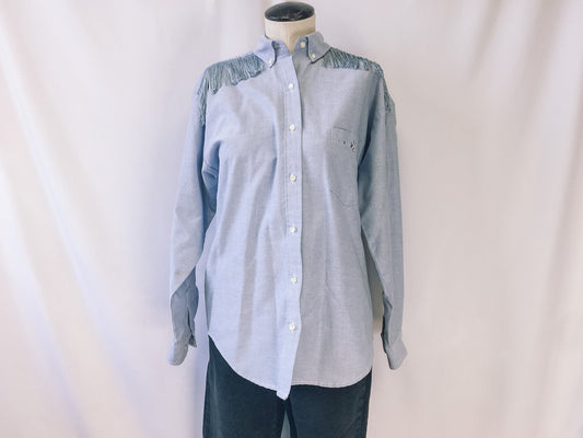 Handmade Vintage Western Light Blue Button Up with Fringe and Silver Heart Stud Details