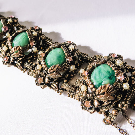 Vintage Victorian Gothic Bracelet, Green Stones with Pink Rhinestones and Faux Pearls, Unique Victorian Bracelet