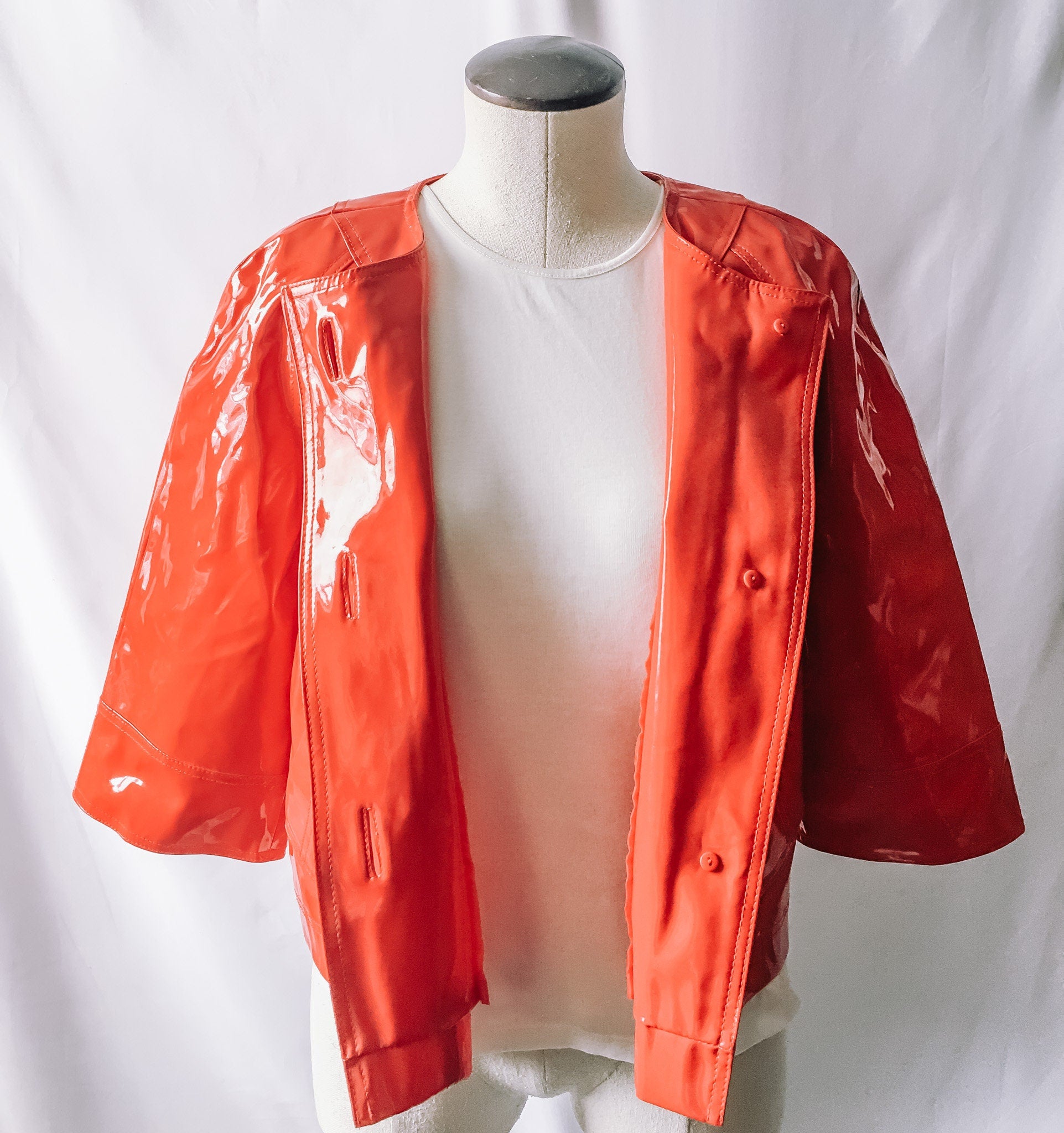 Vintage Newport News Red PVC Cropped Jacket, Vintage 90s Mod Rain Jacket