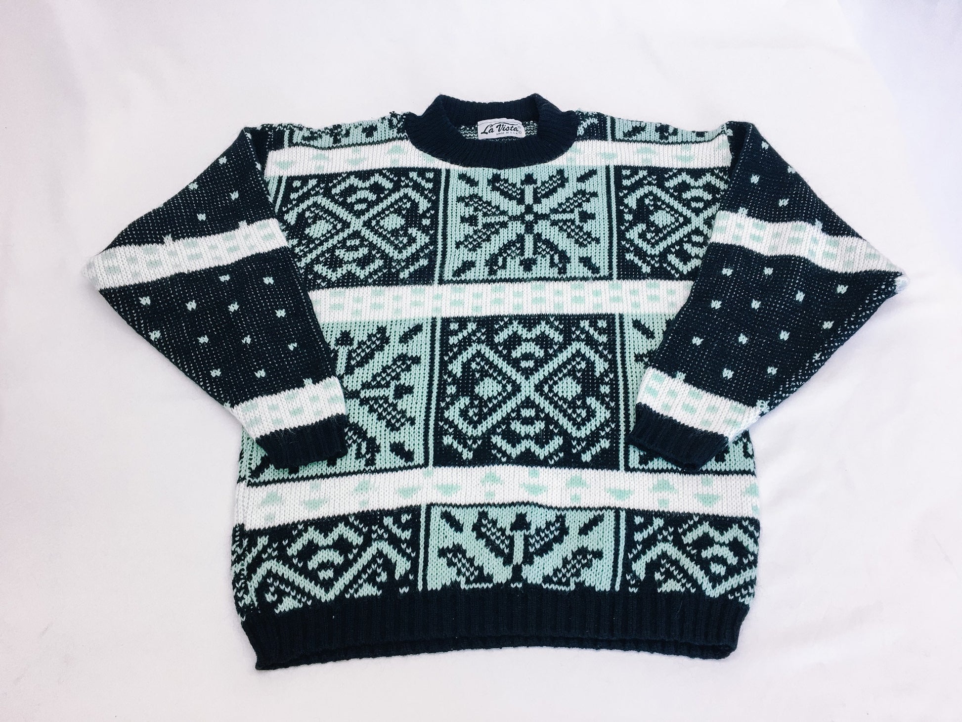 Vintage 80s La Vista Fair Isle Mint and Black Patterned Sweater, Vintage 1980s Crewneck