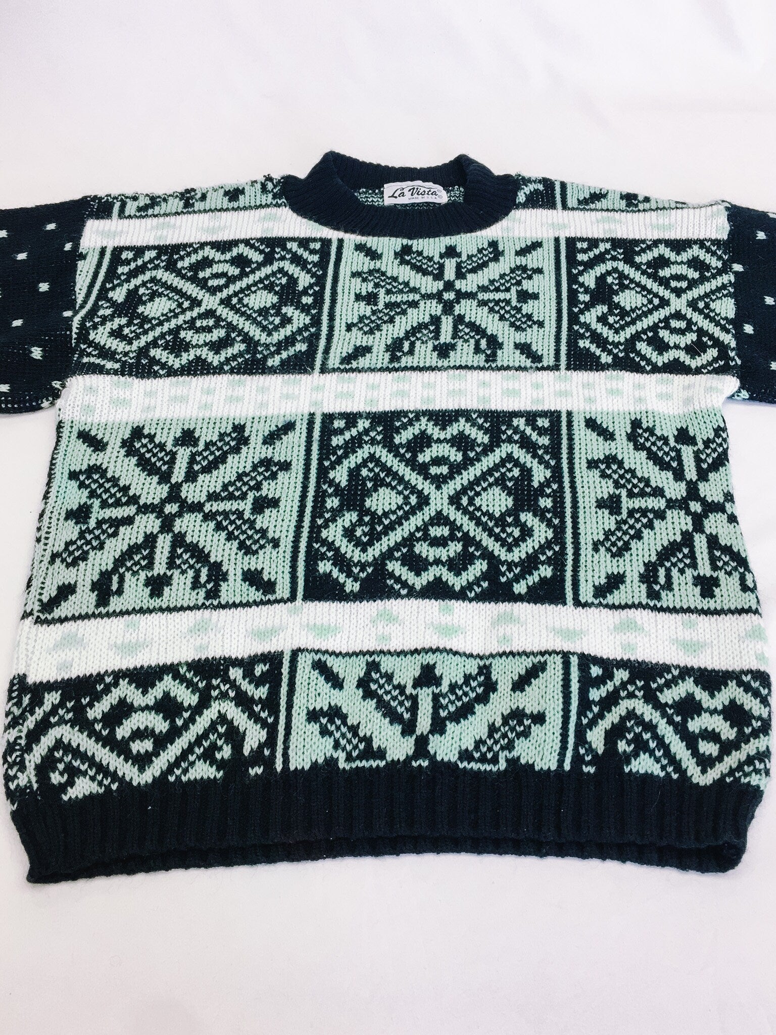 Vintage 80s La Vista Fair Isle Mint and Black Patterned Sweater, Vintage 1980s Crewneck