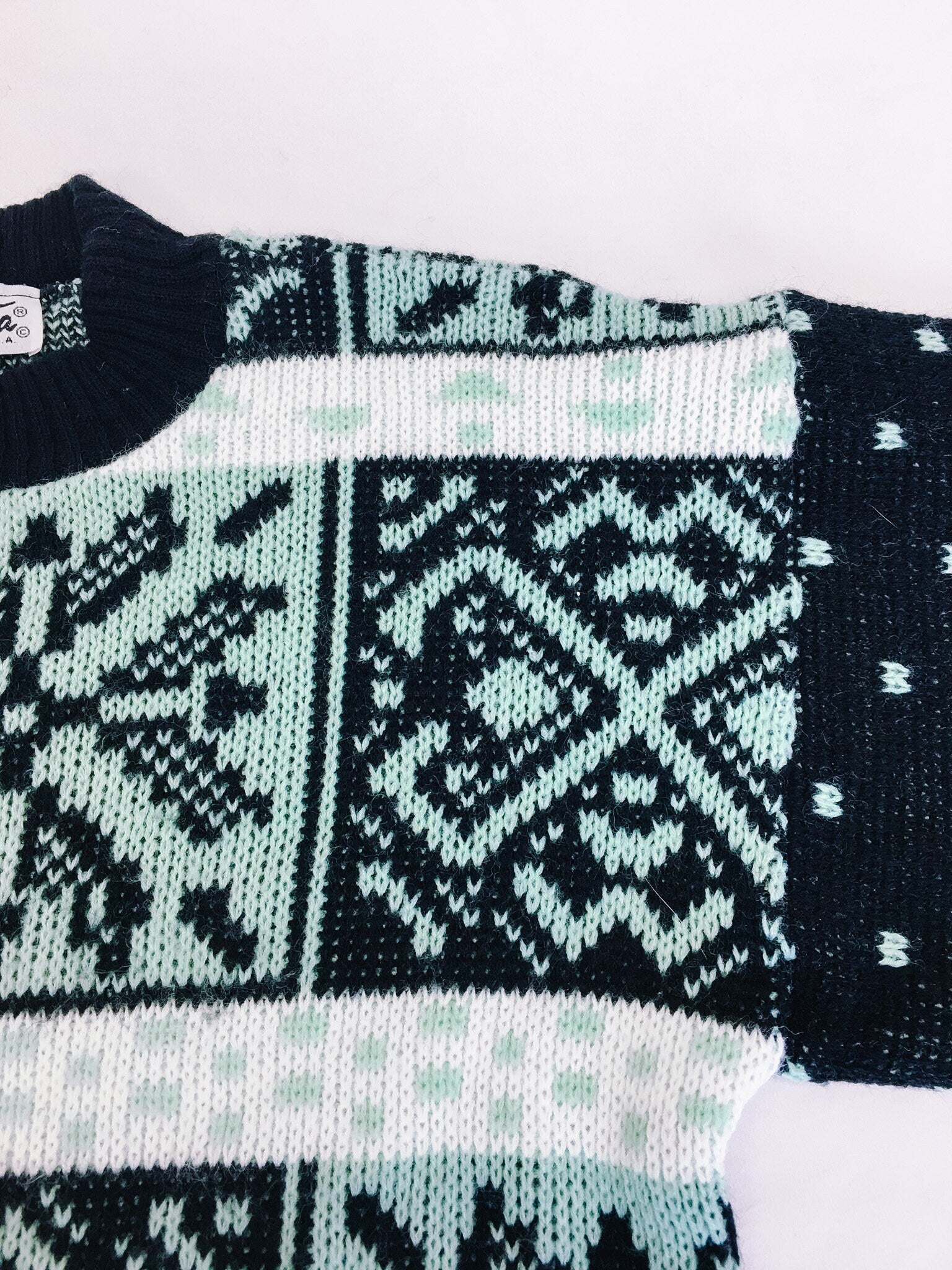Vintage 80s La Vista Fair Isle Mint and Black Patterned Sweater, Vintage 1980s Crewneck