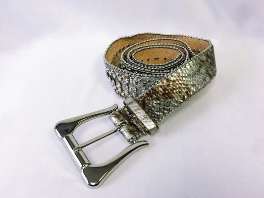 Vintage Faux Snakeskin Rhinestone and Studded Belt with Metal Buckle, Sz. 2