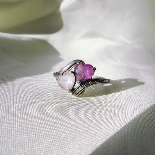 Vintage 925 Diamond Chip with Double Amethyst Heart, Size 6.5