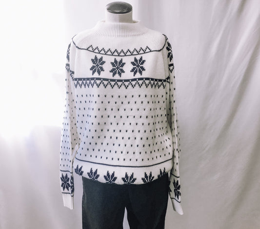Vintage 70s JCPenney White Snowflakes Fair Isle Knit Sweater, 1970s Winter Pullover Crewneck Sweater, Sz. XL