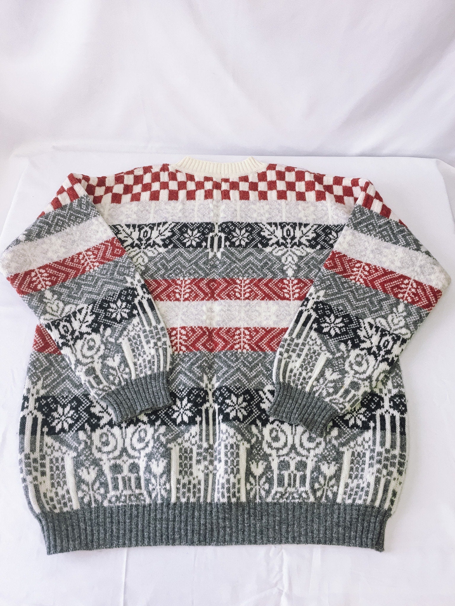 Vintage 80s Sisley Red and Gray Checkered Snowflake Sweater, Made in Italy, 80s Holiday Sweater